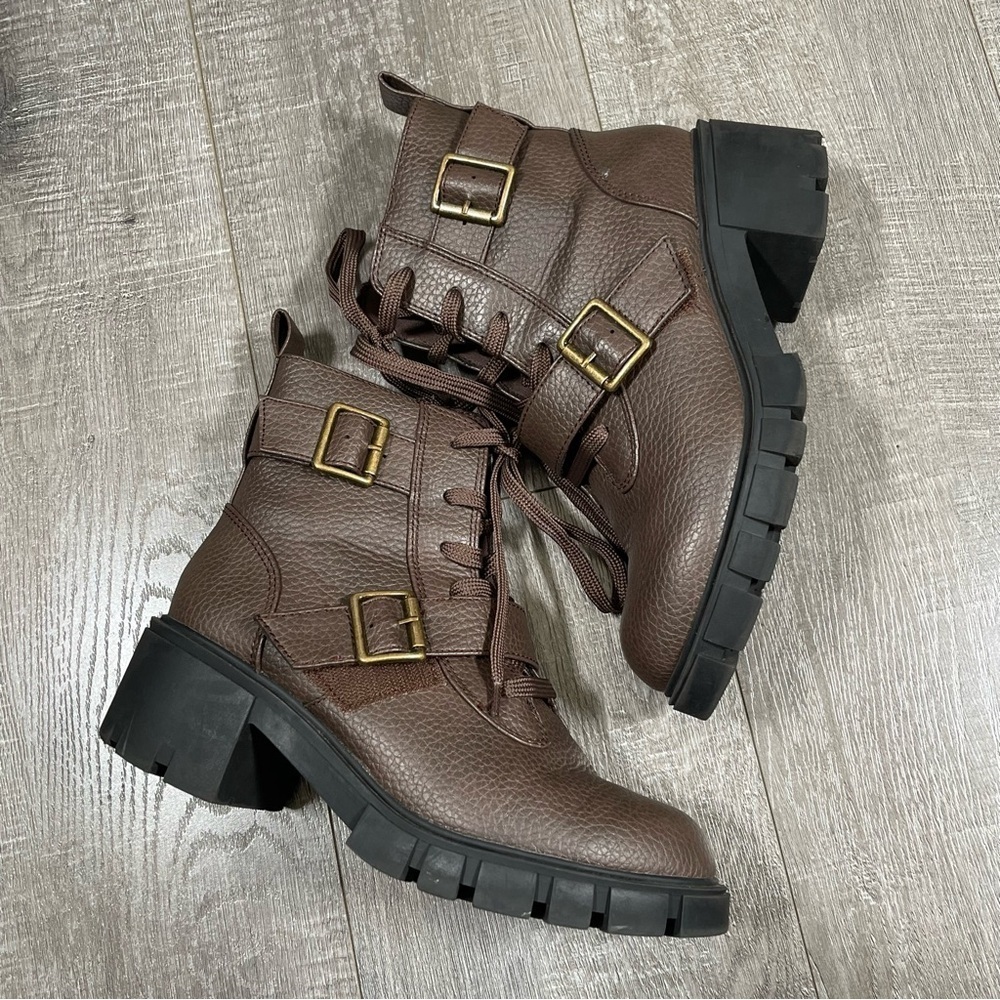 SEYCHELLES Harley Moto Combat Boots Brown Wide Width Size 8.5